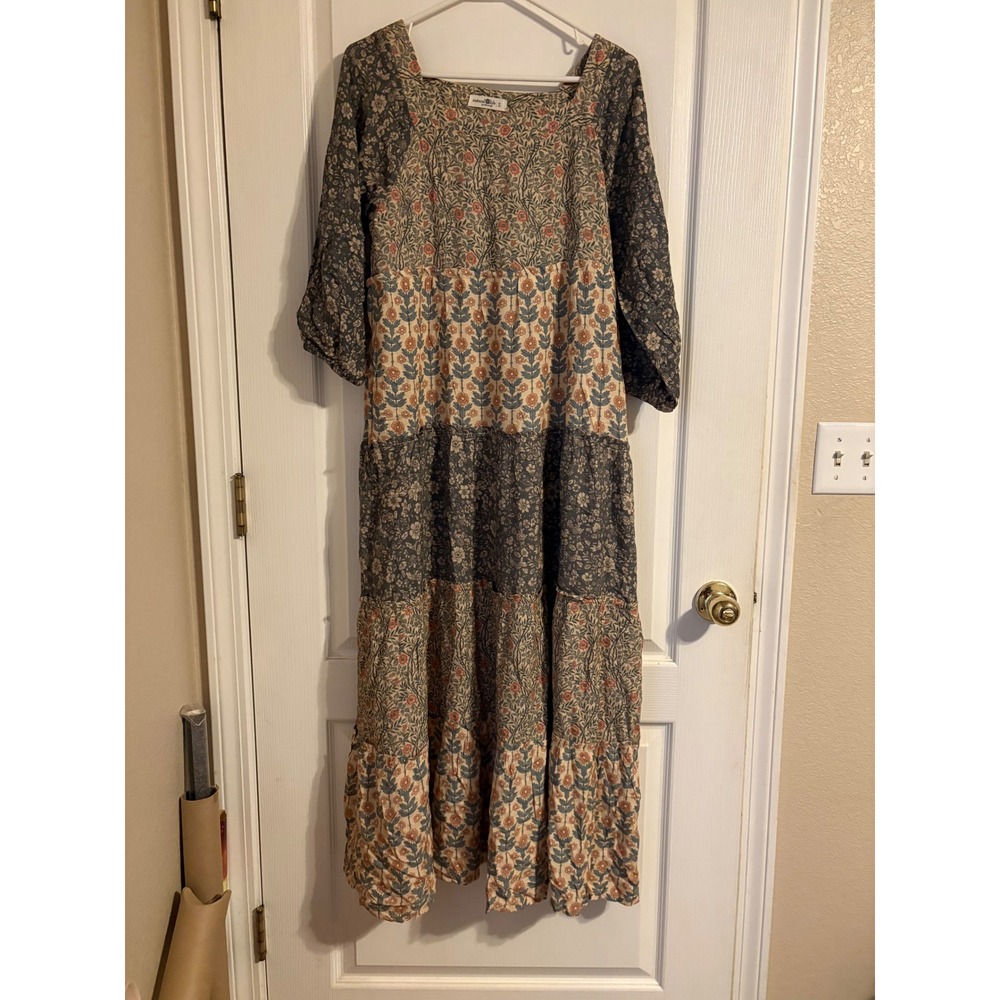 Natural Life Maxi Dress Women S Blue Tan Excellent Floral Patchwork Boho Tiered